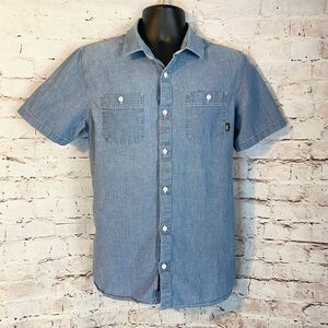 Vans Mens Button Up Shirt Short Sleeve Classic Fit Chest Pocket Blue Chambray M